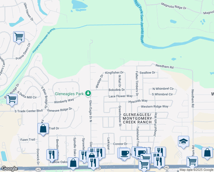map of restaurants, bars, coffee shops, grocery stores, and more near 16778 North Bob White Drive in Conroe