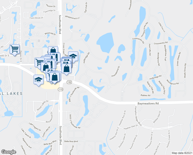 map of restaurants, bars, coffee shops, grocery stores, and more near 10101 Courtyards Place West in Jacksonville