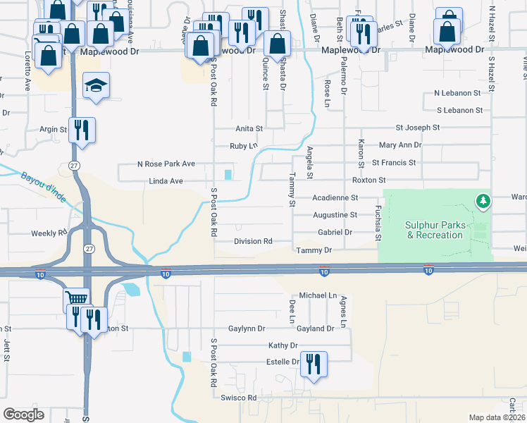 map of restaurants, bars, coffee shops, grocery stores, and more near 2144 Cedar Ln in Sulphur