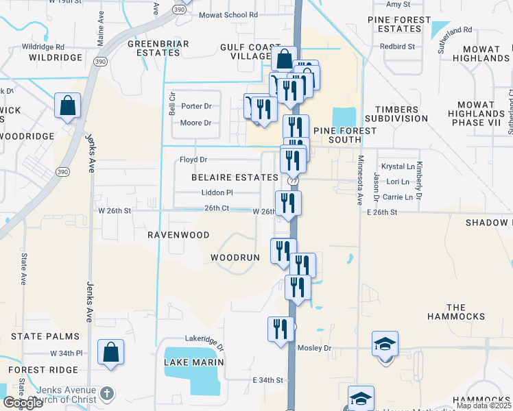 map of restaurants, bars, coffee shops, grocery stores, and more near 2514 Petty Drive in Lynn Haven