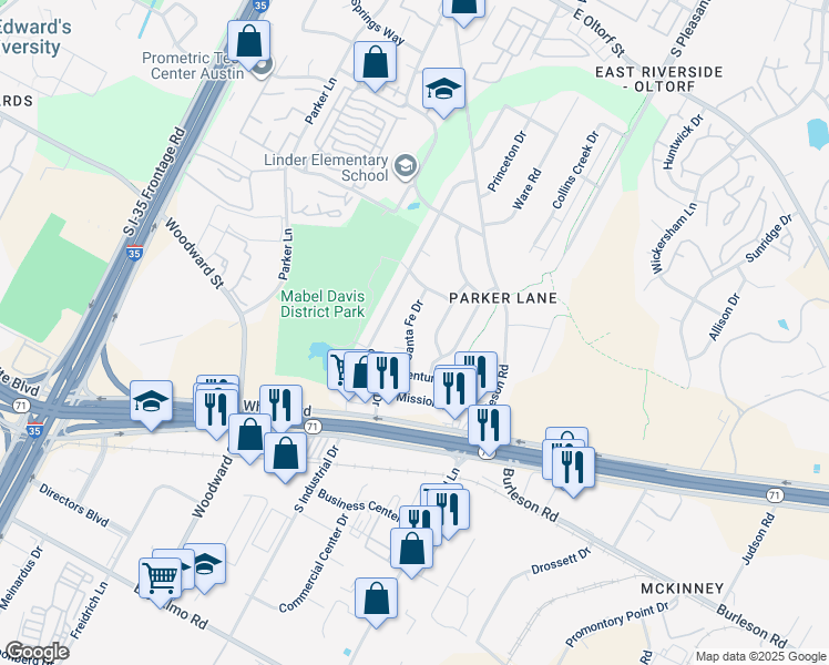 map of restaurants, bars, coffee shops, grocery stores, and more near 3401 Santa Fe Drive in Austin