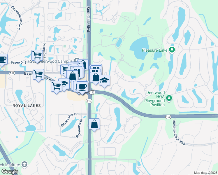map of restaurants, bars, coffee shops, grocery stores, and more near 8258 Shadetree Court in Jacksonville