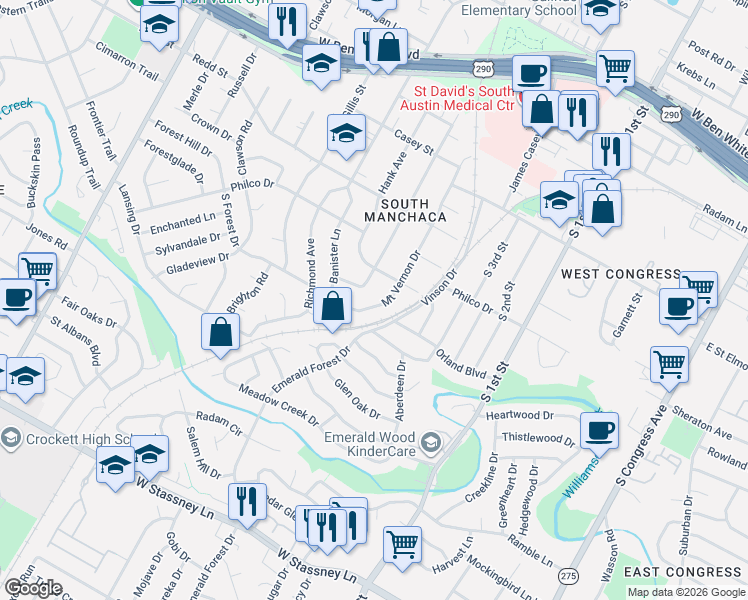 map of restaurants, bars, coffee shops, grocery stores, and more near 4710 Mount Vernon Drive in Austin