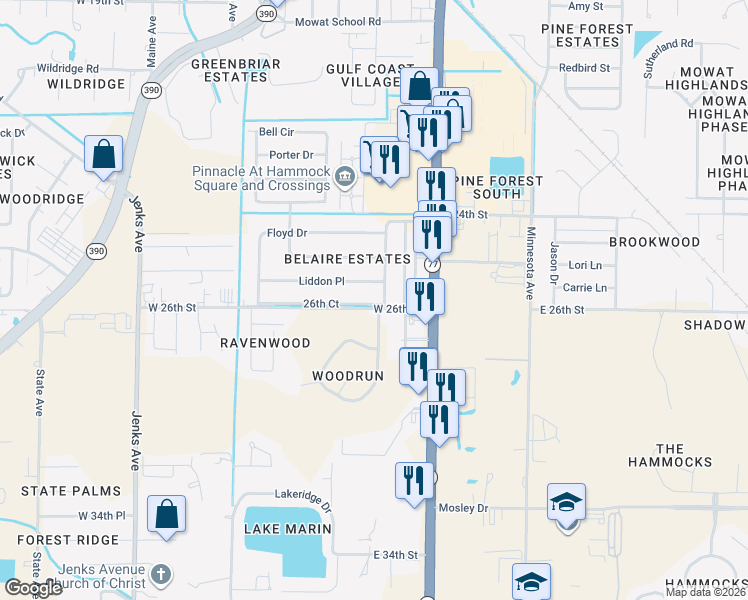 map of restaurants, bars, coffee shops, grocery stores, and more near 306 West 26th Street in Lynn Haven