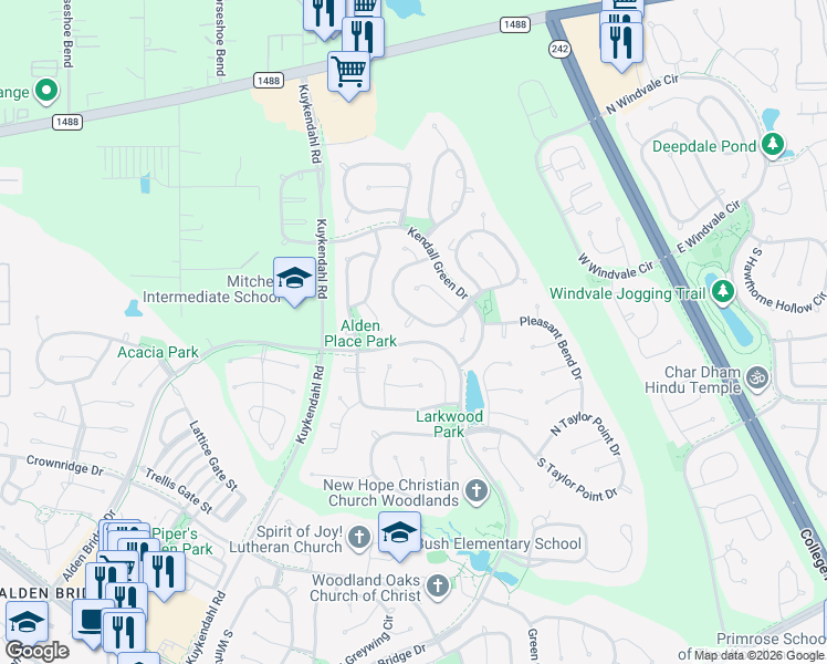 map of restaurants, bars, coffee shops, grocery stores, and more near 43 Barongate Court in Spring