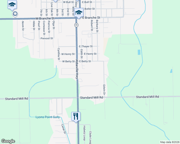 map of restaurants, bars, coffee shops, grocery stores, and more near 153 Elaine Street in Rayne