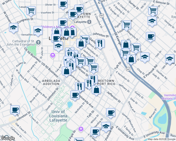 map of restaurants, bars, coffee shops, grocery stores, and more near 327 East Convent Street in Lafayette