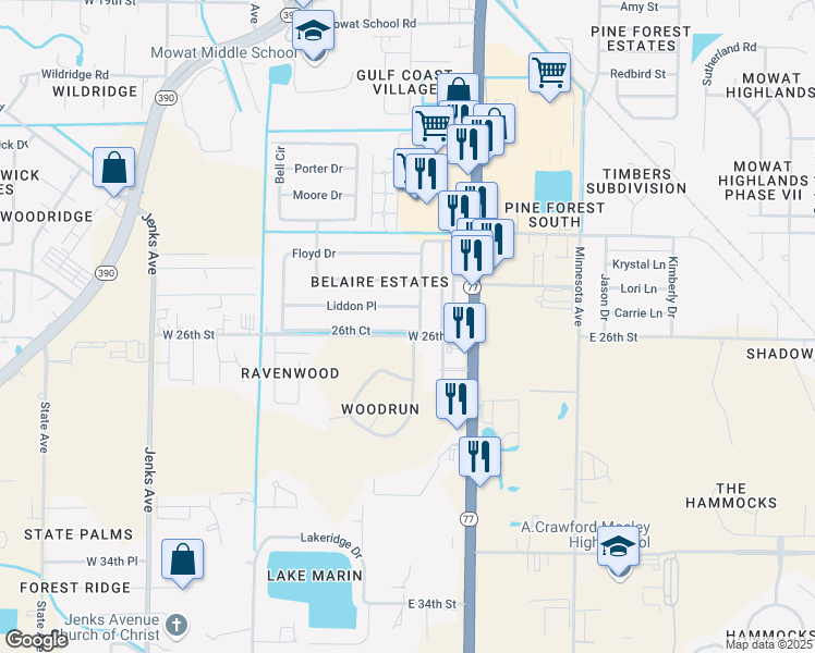map of restaurants, bars, coffee shops, grocery stores, and more near 2514 Petty Drive in Lynn Haven