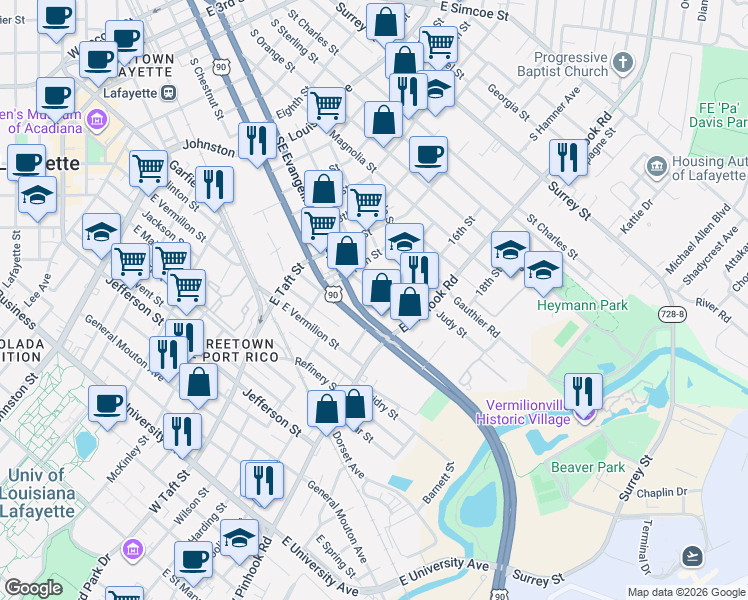 map of restaurants, bars, coffee shops, grocery stores, and more near 218 Chag Street in Lafayette