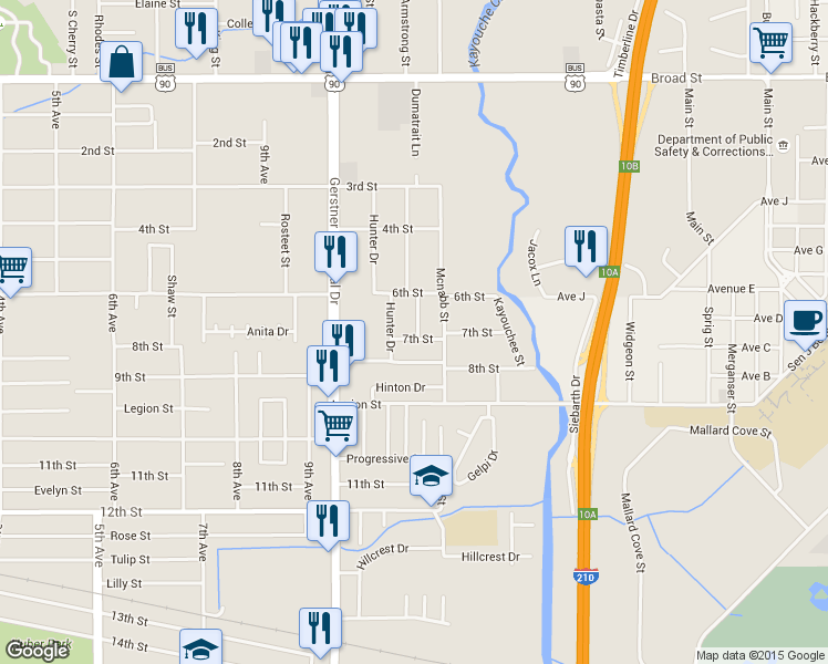 map of restaurants, bars, coffee shops, grocery stores, and more near 2707 7th St in Lake Charles