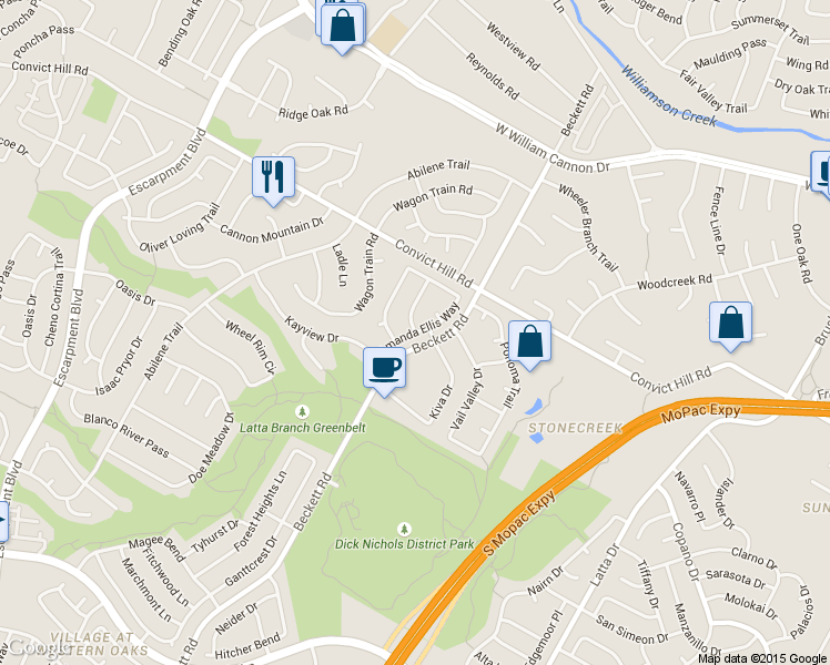 map of restaurants, bars, coffee shops, grocery stores, and more near 7609 Amanda Ellis Way in Austin