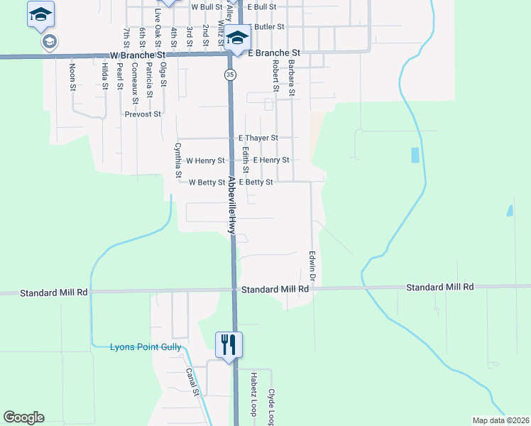 map of restaurants, bars, coffee shops, grocery stores, and more near 153 Elaine Street in Rayne