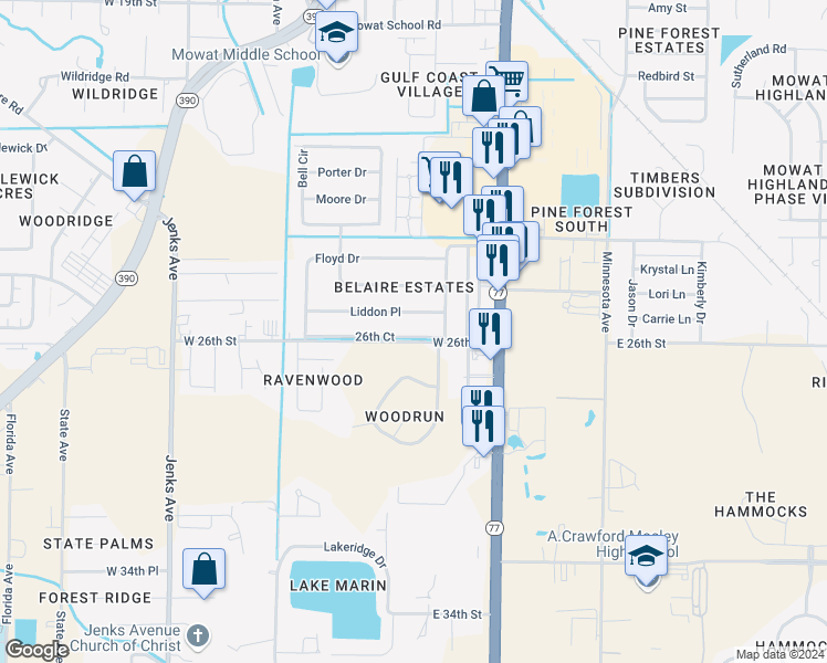 map of restaurants, bars, coffee shops, grocery stores, and more near 408 West 26th Street in Lynn Haven