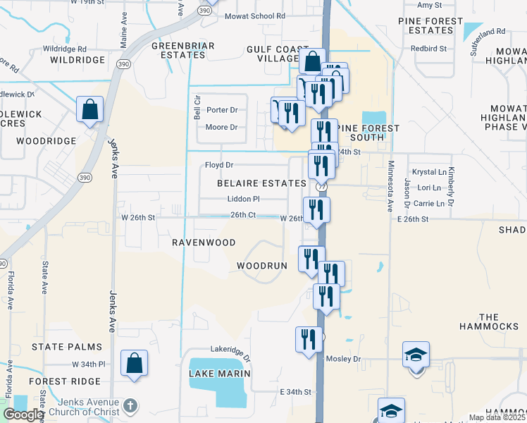 map of restaurants, bars, coffee shops, grocery stores, and more near 408 West 26th Street in Lynn Haven
