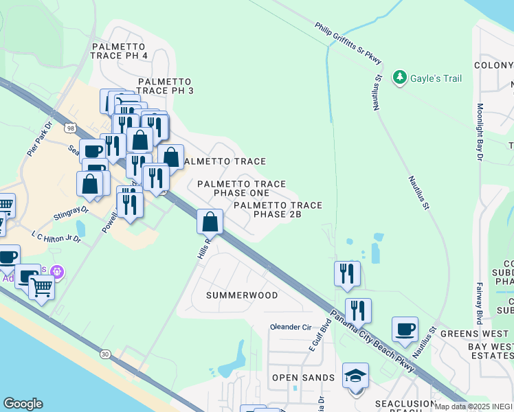 map of restaurants, bars, coffee shops, grocery stores, and more near 31 Park Place in Panama City Beach