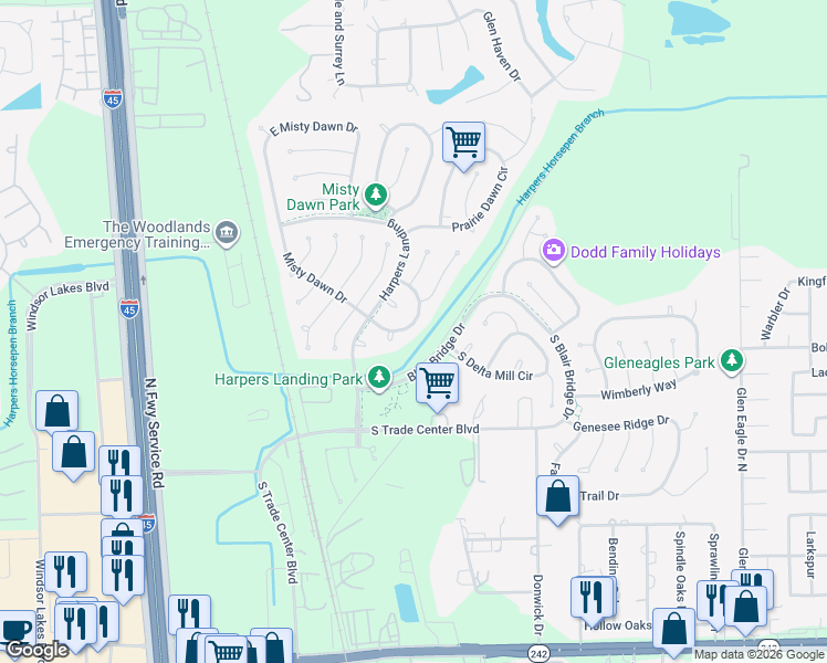 map of restaurants, bars, coffee shops, grocery stores, and more near 38 South April Mist Circle in Conroe