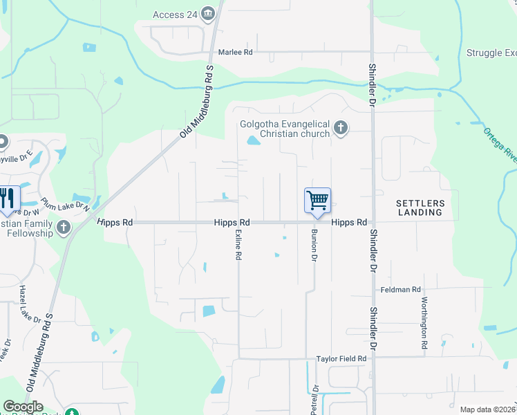 map of restaurants, bars, coffee shops, grocery stores, and more near 7050 Harrisburg Road in Jacksonville