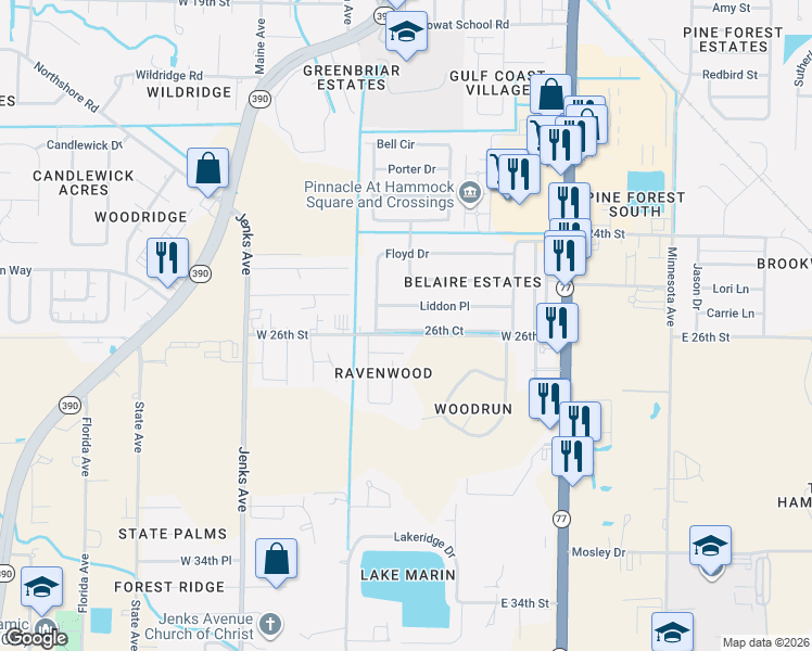map of restaurants, bars, coffee shops, grocery stores, and more near 710 26th Court in Lynn Haven