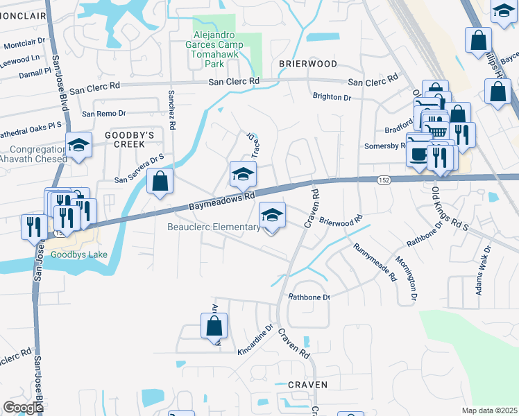 map of restaurants, bars, coffee shops, grocery stores, and more near 4703 Brierwood Road in Jacksonville