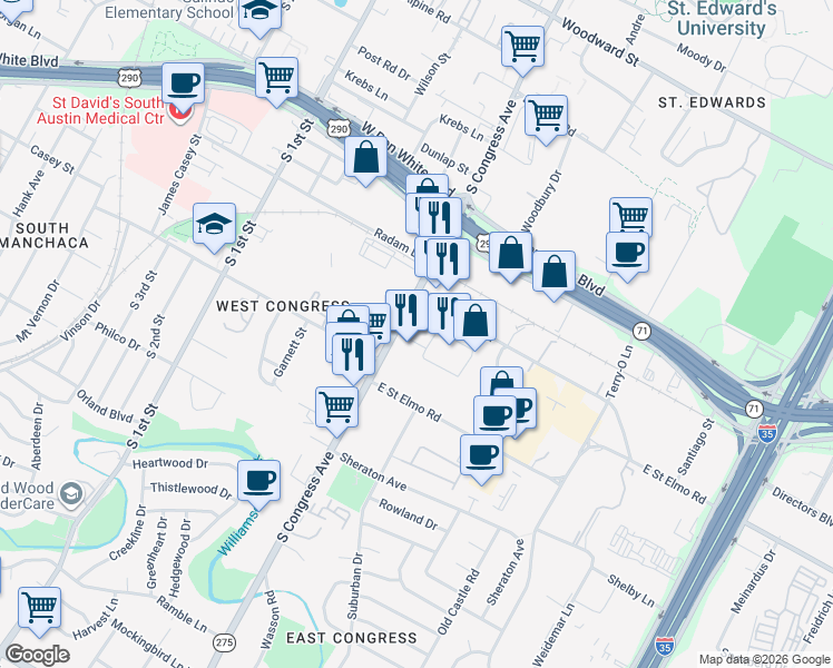 map of restaurants, bars, coffee shops, grocery stores, and more near 4315 South Congress Avenue in Austin