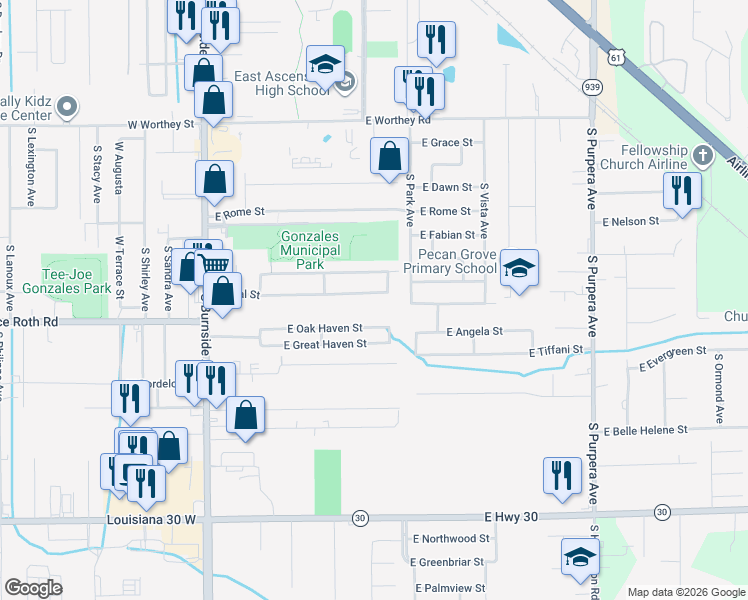 map of restaurants, bars, coffee shops, grocery stores, and more near 807 East Neal Street in Gonzales