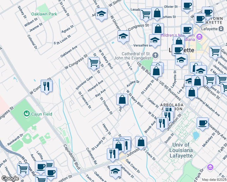 map of restaurants, bars, coffee shops, grocery stores, and more near 310 Saint Joseph Street in Lafayette