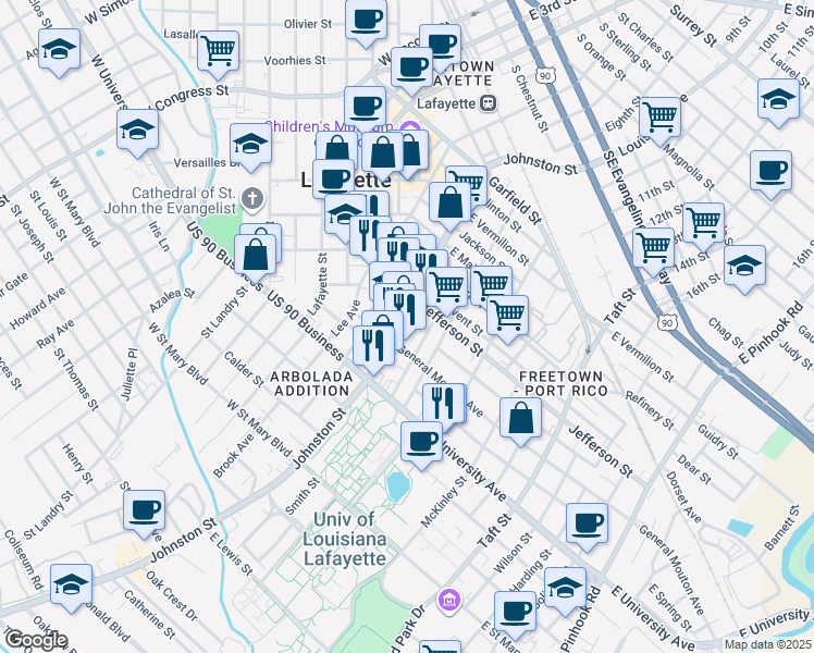 map of restaurants, bars, coffee shops, grocery stores, and more near 1027/1 Johnston Street in Lafayette