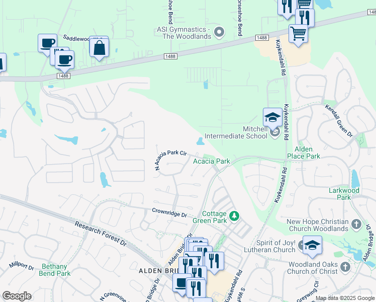 map of restaurants, bars, coffee shops, grocery stores, and more near 119 North Acacia Park Circle in The Woodlands