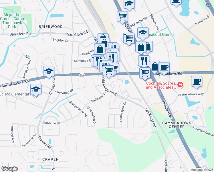 map of restaurants, bars, coffee shops, grocery stores, and more near 8833 Old Kings Road South in Jacksonville