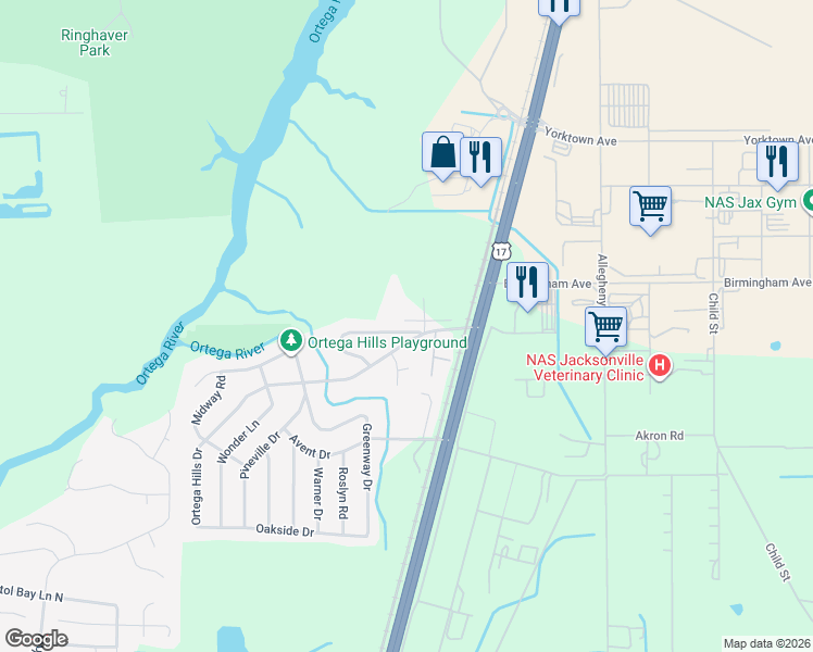 map of restaurants, bars, coffee shops, grocery stores, and more near 4803 Homecrest Circle in Jacksonville