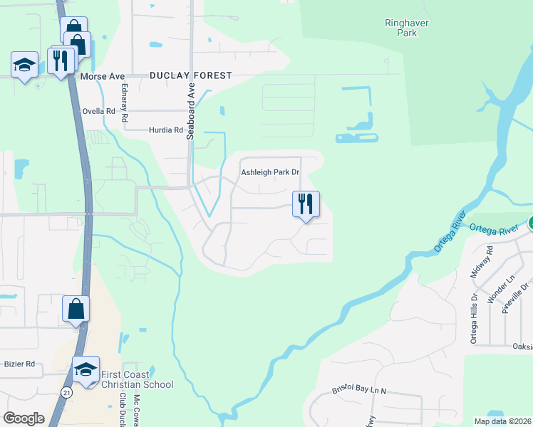 map of restaurants, bars, coffee shops, grocery stores, and more near 5540 Westland Station Road in Jacksonville