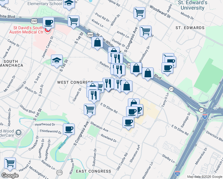 map of restaurants, bars, coffee shops, grocery stores, and more near 4315 South Congress Avenue in Austin