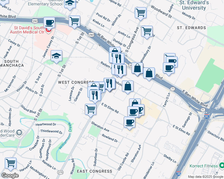 map of restaurants, bars, coffee shops, grocery stores, and more near 4315 South Congress Avenue in Austin
