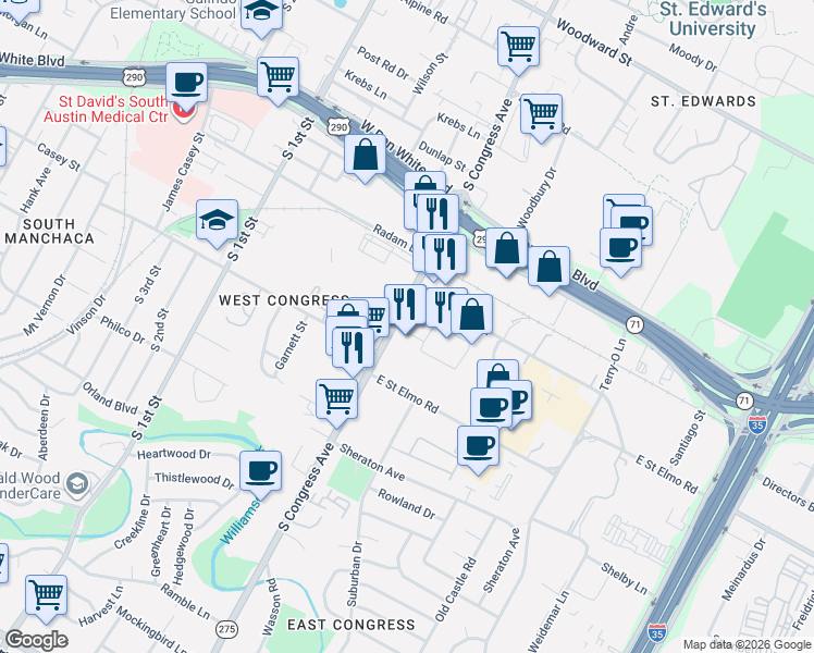 map of restaurants, bars, coffee shops, grocery stores, and more near 4315 South Congress Avenue in Austin