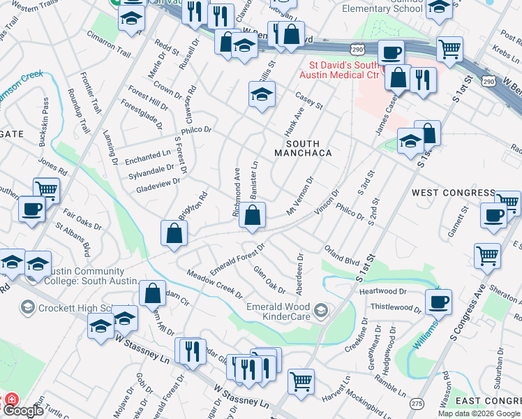 map of restaurants, bars, coffee shops, grocery stores, and more near 1202 Green Forest Drive in Austin