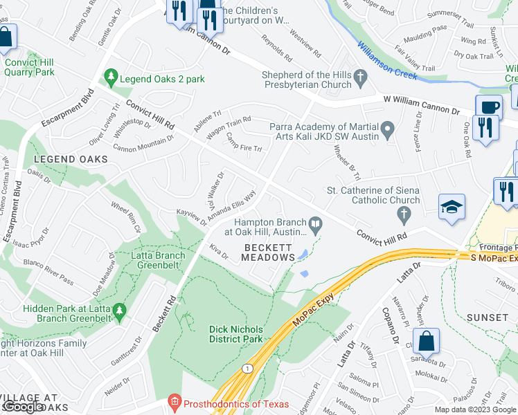 map of restaurants, bars, coffee shops, grocery stores, and more near 7501 Vail Valley Drive in Austin