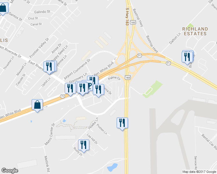 map of restaurants, bars, coffee shops, grocery stores, and more near 12 Royal Palms Drive in Austin