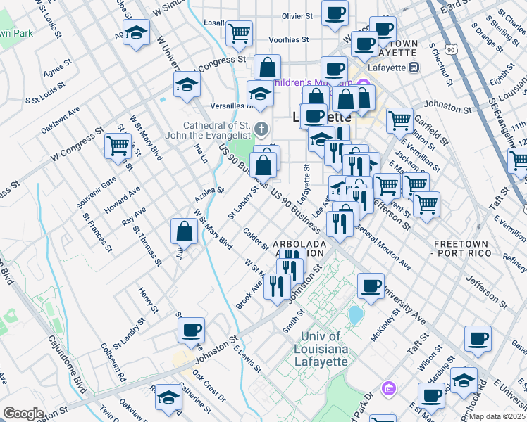 map of restaurants, bars, coffee shops, grocery stores, and more near 1231 Saint John Street in Lafayette