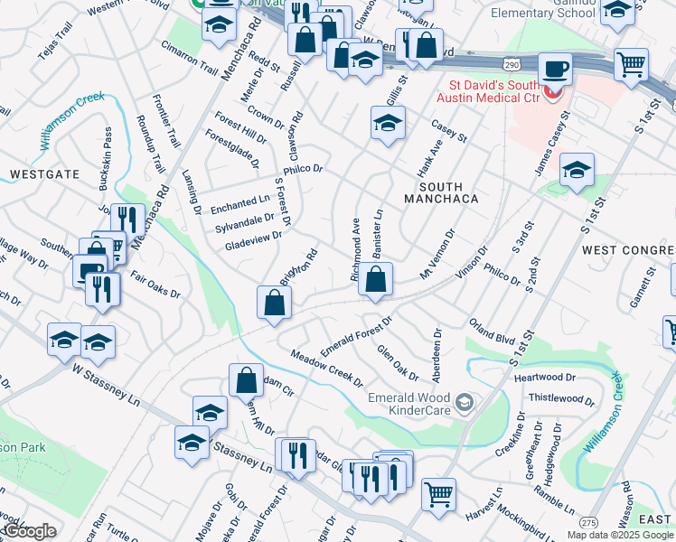 map of restaurants, bars, coffee shops, grocery stores, and more near 4907 Hawk Cove in Austin
