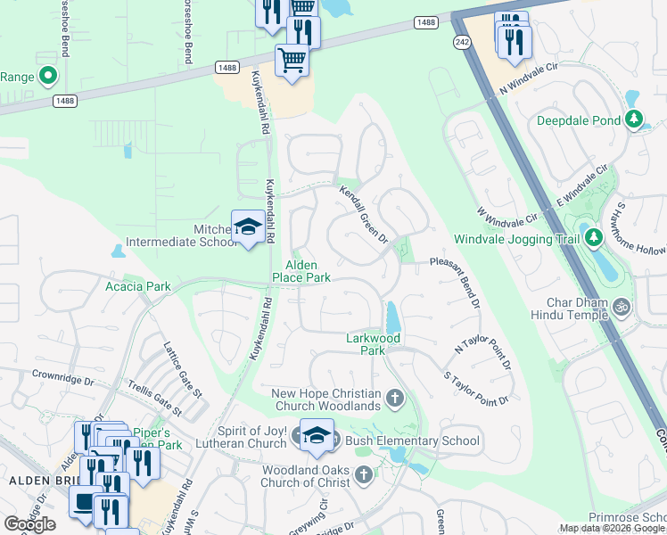 map of restaurants, bars, coffee shops, grocery stores, and more near 43 Barongate Court in Spring