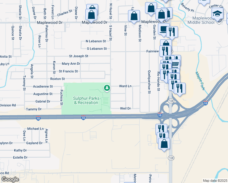 map of restaurants, bars, coffee shops, grocery stores, and more near 416 Bowmer Ln in Sulphur