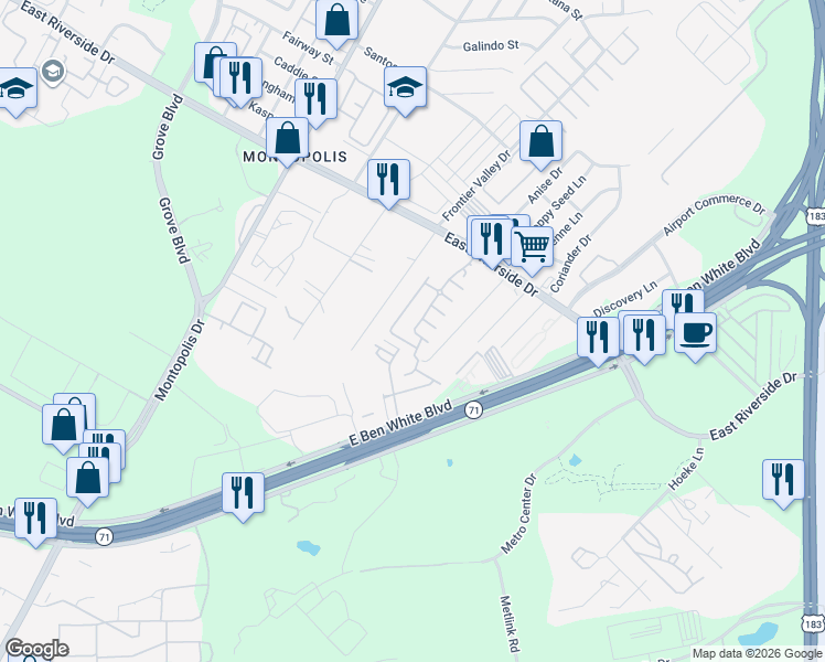 map of restaurants, bars, coffee shops, grocery stores, and more near 7105 Mowbray Street in Austin