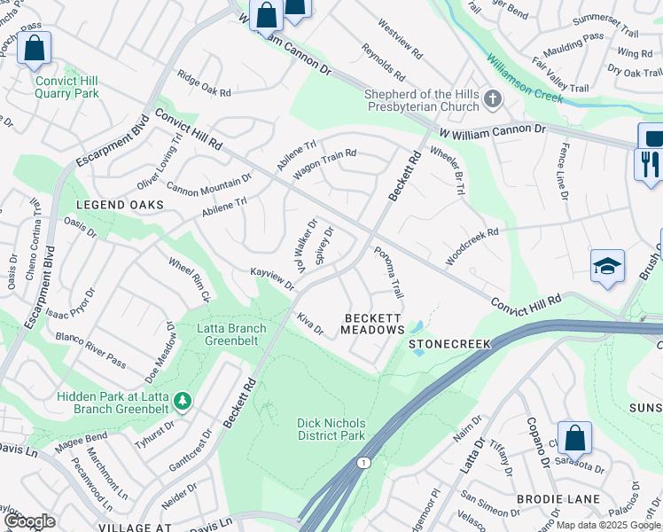 map of restaurants, bars, coffee shops, grocery stores, and more near 7714 Beckett Road in Austin