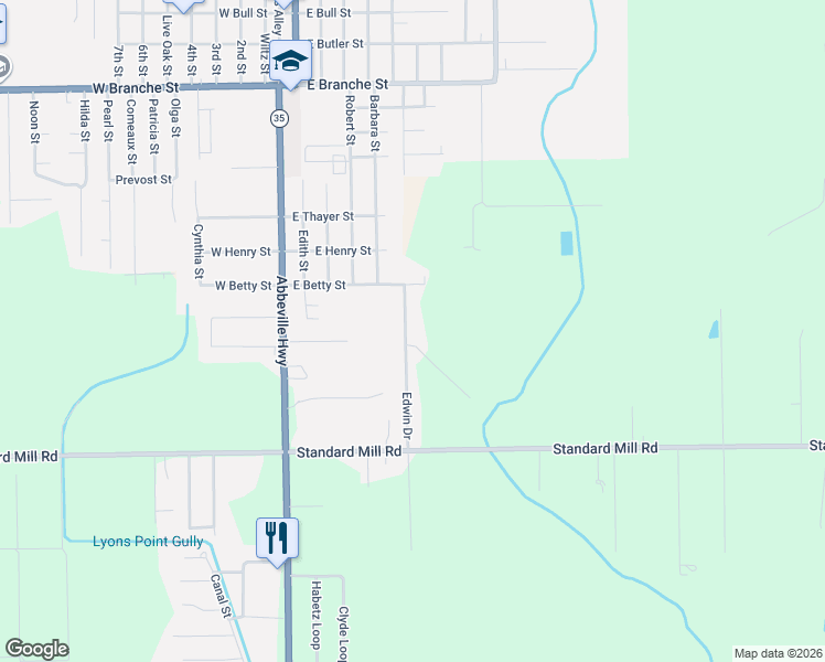 map of restaurants, bars, coffee shops, grocery stores, and more near 1513 Edwin Drive in Rayne