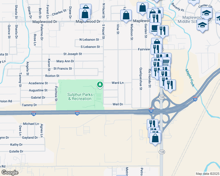 map of restaurants, bars, coffee shops, grocery stores, and more near 416 Bowmer Ln in Sulphur