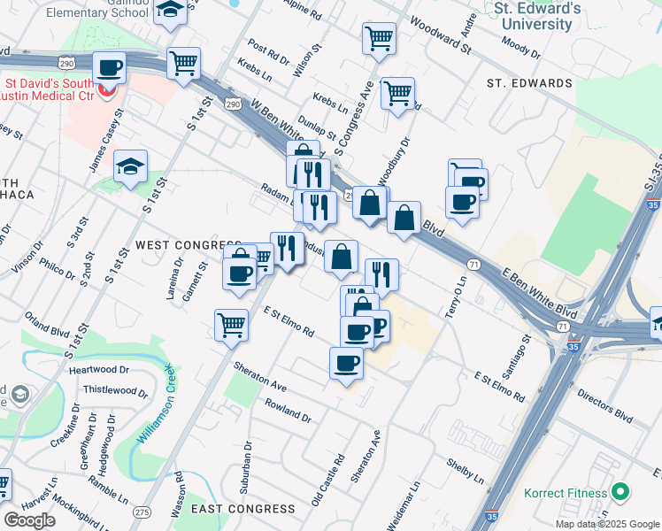 map of restaurants, bars, coffee shops, grocery stores, and more near 201 Industrial Blvd in Austin
