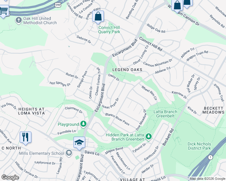 map of restaurants, bars, coffee shops, grocery stores, and more near 8004 Henry Kinney Row in Austin