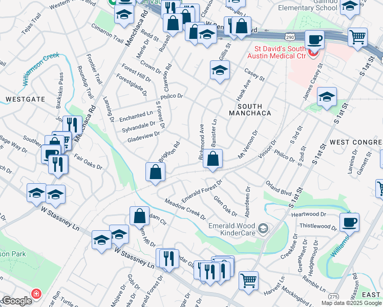 map of restaurants, bars, coffee shops, grocery stores, and more near 4907 Hawk Cove in Austin