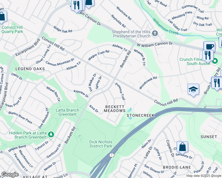 map of restaurants, bars, coffee shops, grocery stores, and more near 7501 Vail Valley Drive in Austin