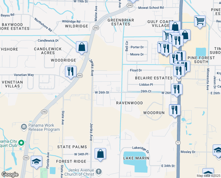 map of restaurants, bars, coffee shops, grocery stores, and more near 914 West 26th Street in Lynn Haven